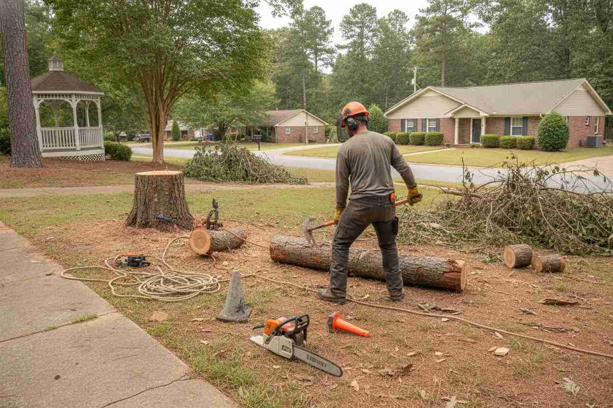 Professional tree service technician performing a hazardous tree removal near the Christopherson Gazebo in Easley, South Carolina.