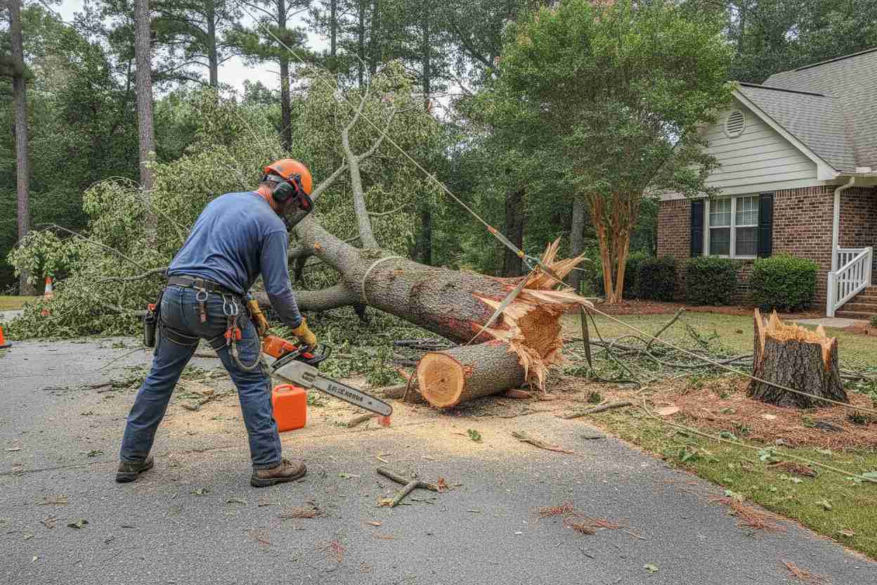 Storm damage tree removal scene near the Ultimate Driving Museum in Greer, South Carolina.