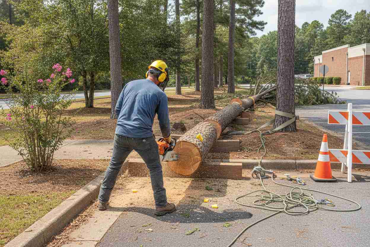 Professional tree removal service safely removing a damaged pine tree near BMW Zentrum in Greer, South Carolina.