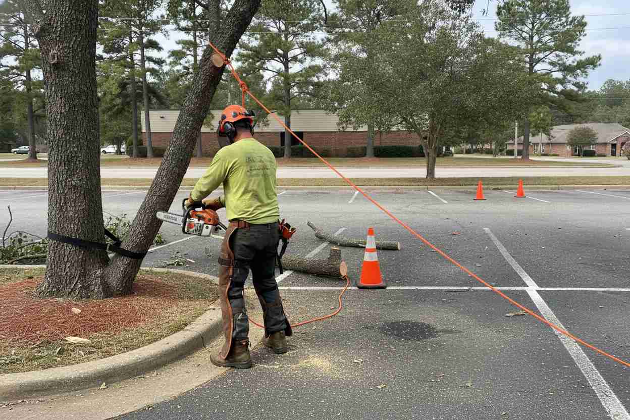 Professional tree removal service performing an emergency tree removal near the BMW Zentrum in Greer, South Carolina.