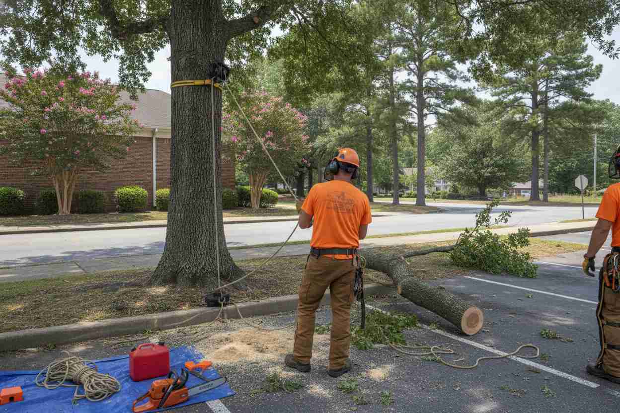 Emergency tree removal scene near the Hampton Memorial Library in Easley, South Carolina, with an arborist cutting a storm-damaged oak limb next to a brick building.