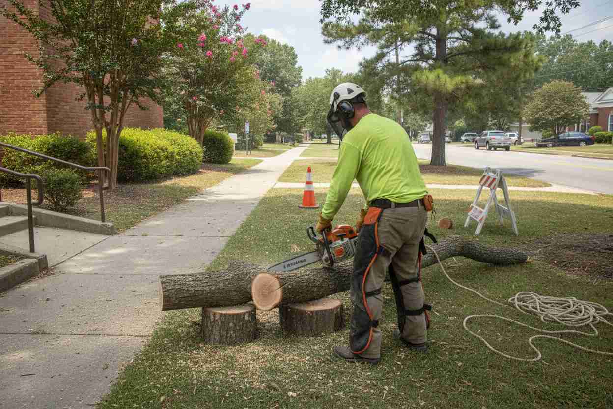 Professional tree removal service performing an emergency tree extraction near the Hampton Memorial Library in Easley, South Carolina.