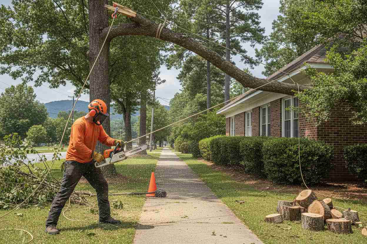Emergency tree removal scene beside the History Museum in Travelers Rest, South Carolina, with tree service equipment.