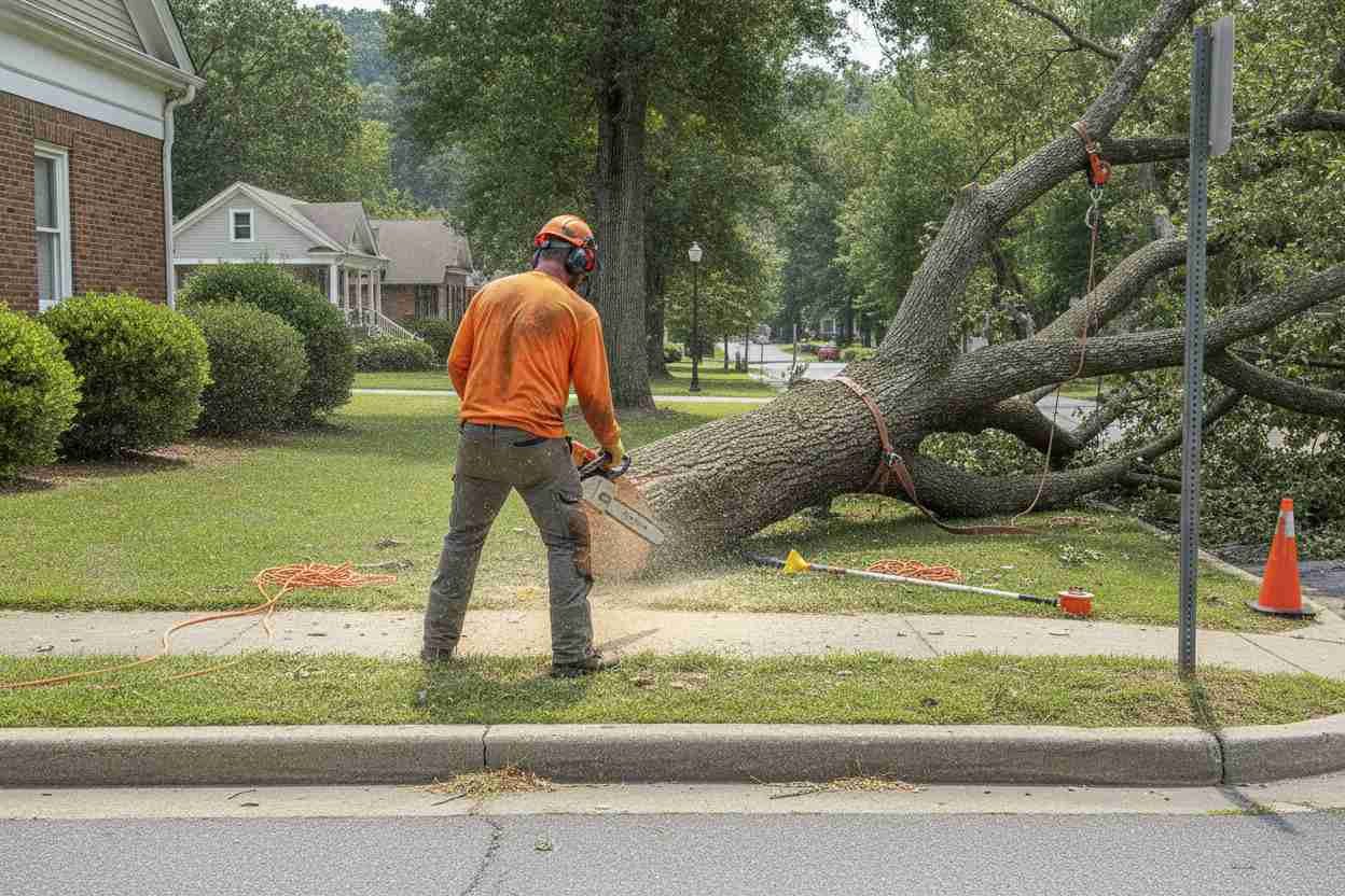 Professional arborist crew safely executing an emergency tree removal service near the History Museum in Travelers Rest, South Carolina.