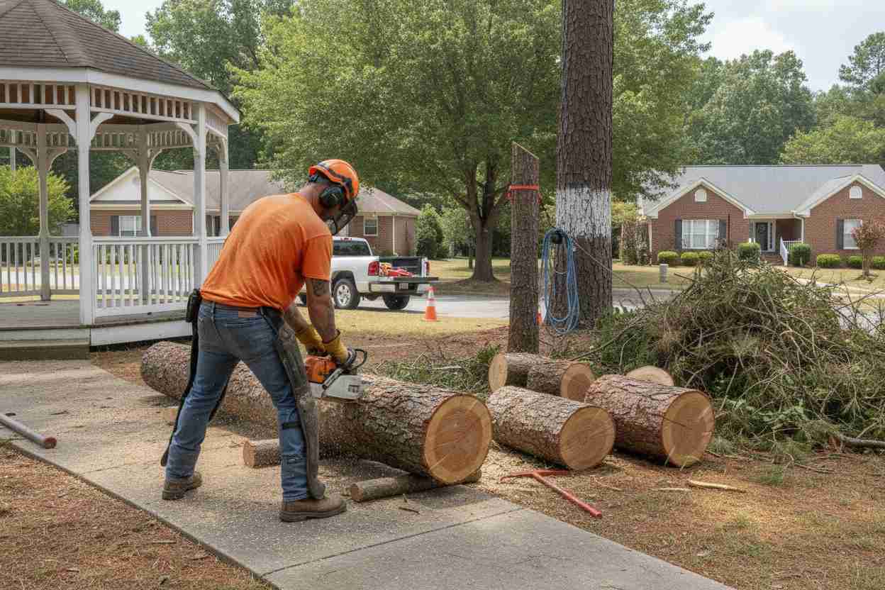 Dead tree removal cleanup near Christopherson Gazebo in Easley, South Carolina, showing cut logs and safety gear.