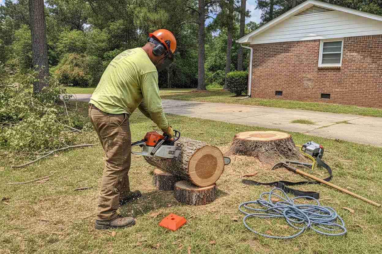 Large oak tree removal in progress at a suburban home near Pickens Chapel in Easley, South Carolina.