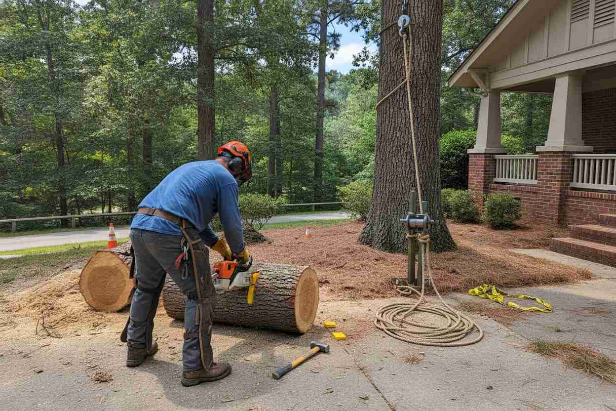 Large oak tree removal in progress on a residential property near the Swamp Rabbit Trail in Travelers Rest, South Carolina.