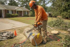 Professional tree removal company executing a large oak and hardwood tree removal project near Pickens Chapel in Easley, South Carolina.