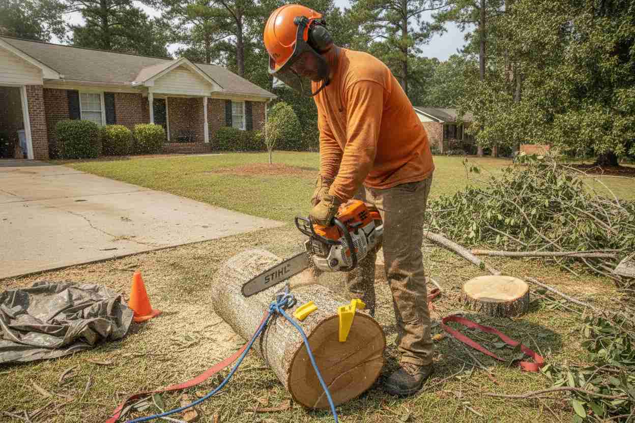 Professional tree removal company executing a large oak and hardwood tree removal project near Pickens Chapel in Easley, South Carolina.