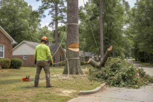 Professional tree service team removing a large oak and hardwood tree near the Swamp Rabbit Trail in Travelers Rest, South Carolina.