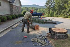 Professional tree removal service clearing storm damage and extracting a tree near Sunrift Adventures in Travelers Rest, South Carolina.