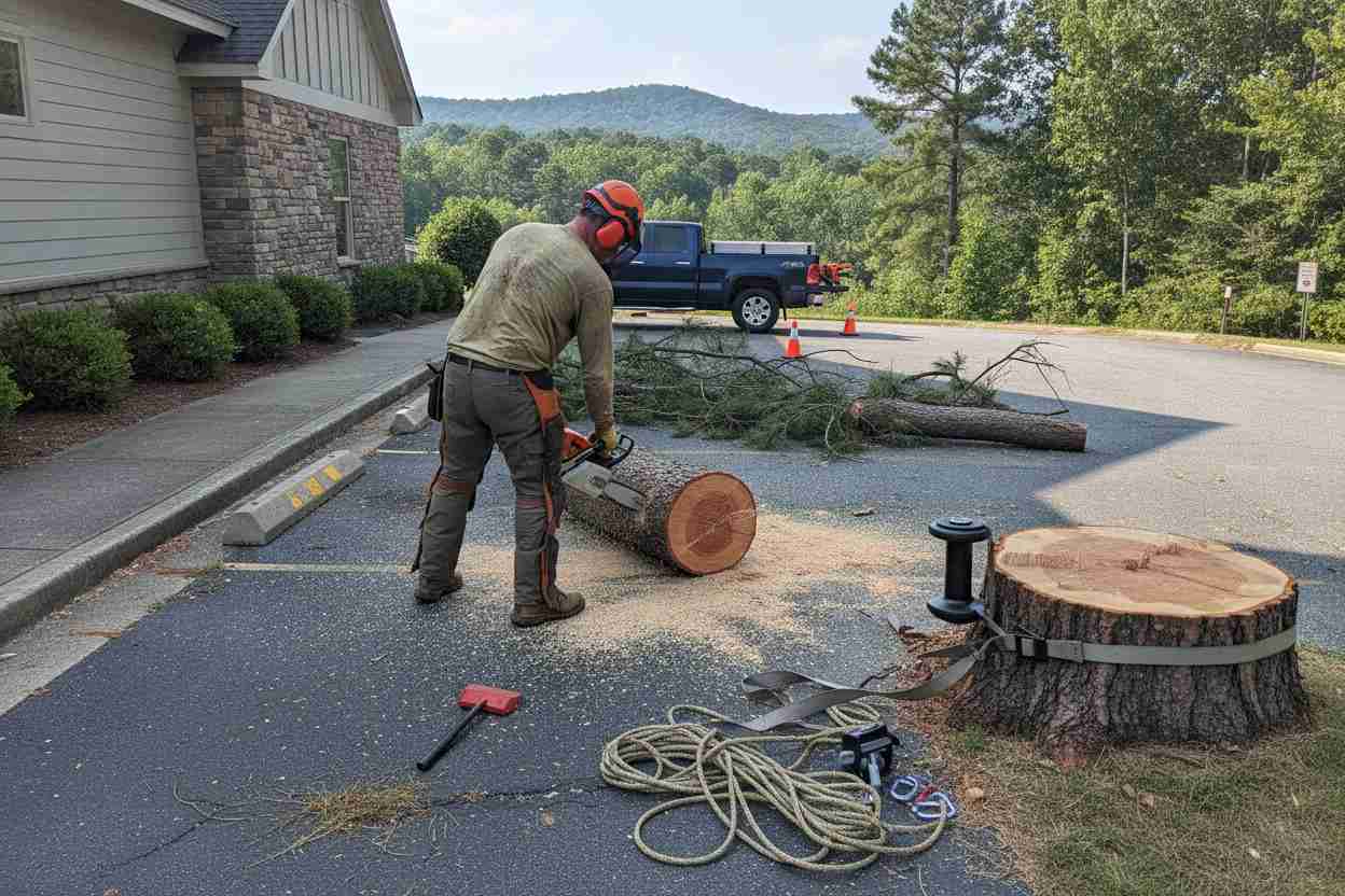 Professional tree removal service clearing storm damage and extracting a tree near Sunrift Adventures in Travelers Rest, South Carolina.