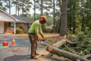 Professional tree service company safely removing a large dead tree near Hester Store in Easley, South Carolina.