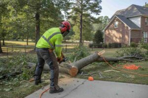 Professional tree removal service safely cutting down and removing a dead tree near Trailblazer Park in Travelers Rest, South Carolina.