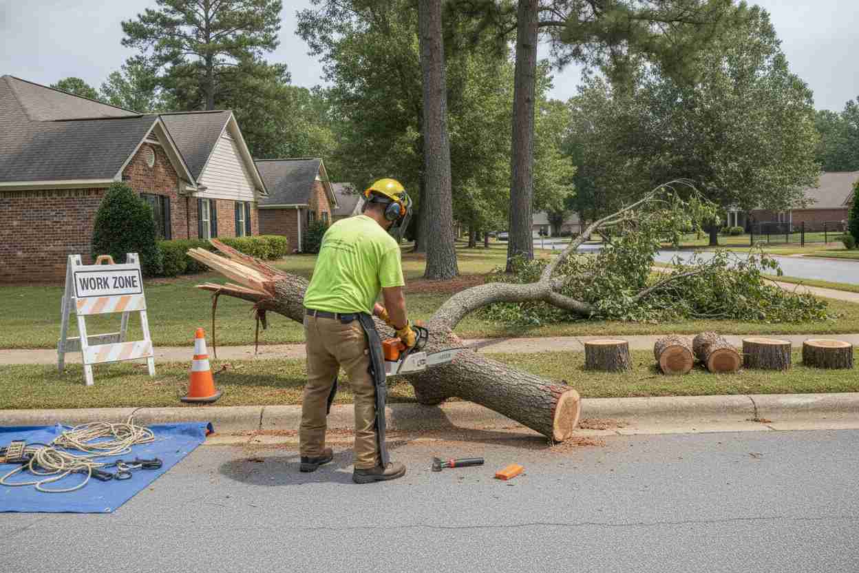 Amateur smartphone photo of a pine tree removal in progress near Greer City Park in Greer, South Carolina, with tree trunks safely cut and stacked on the lawn.