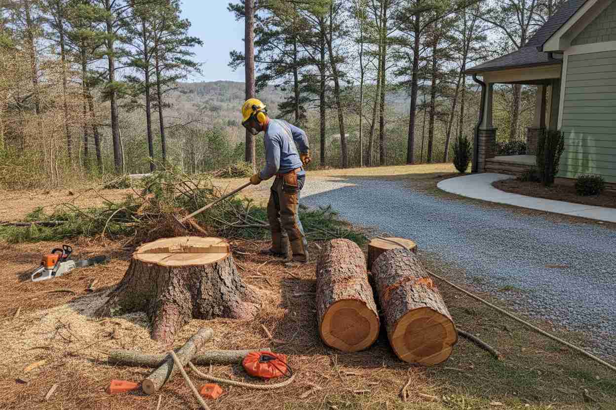 Pine tree removal cleanup scene in Travelers Rest, South Carolina, near Sunrift Adventures with logs and professional tree care equipment.