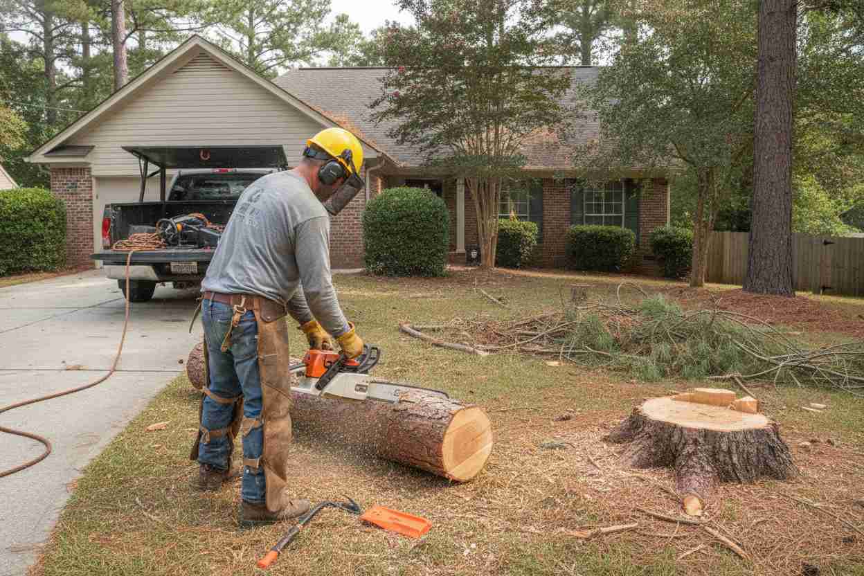 A tree service worker removing a pine tree on a residential property in Easley, South Carolina, near Tiny Town.
